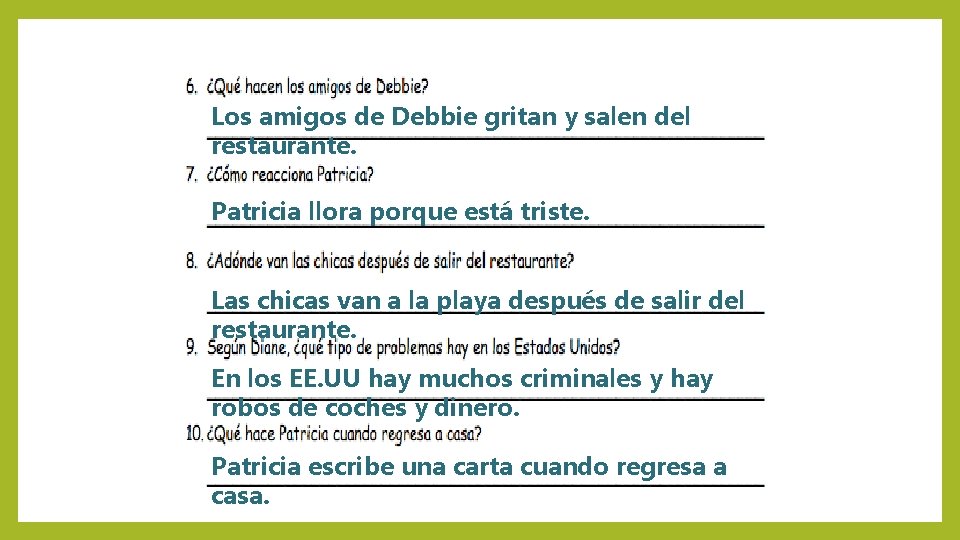 Los amigos de Debbie gritan y salen del restaurante. Patricia llora porque está triste.