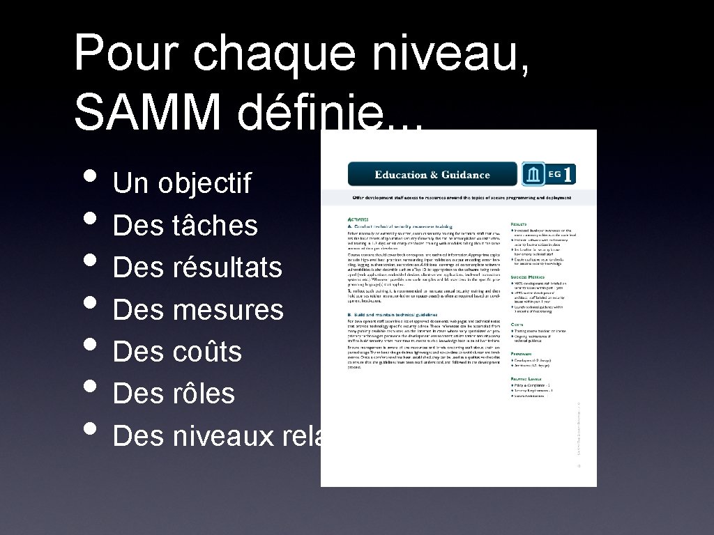 Pour chaque niveau, SAMM définie. . . • Un objectif • Des tâches • Pour chaque niveau, SAMM définie. . . • Un objectif • Des tâches •