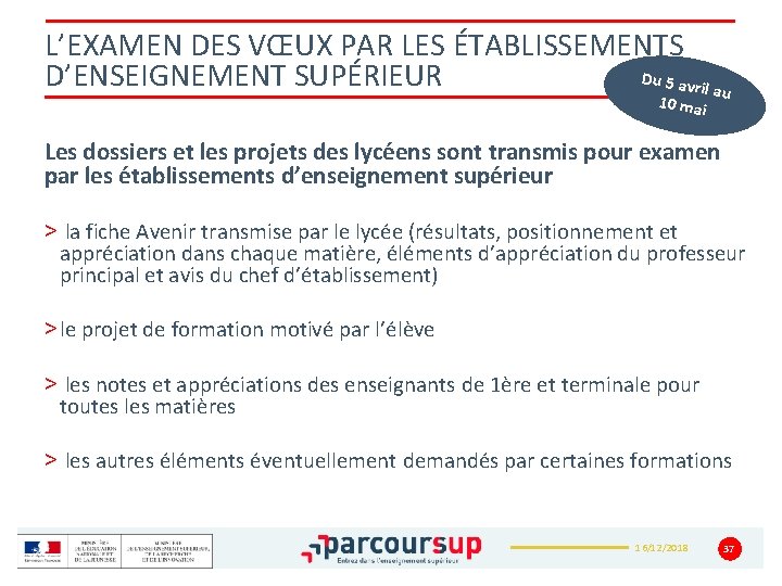 L’EXAMEN DES VŒUX PAR LES ÉTABLISSEMENTS Du 5 av D’ENSEIGNEMENT SUPÉRIEUR ril au 10