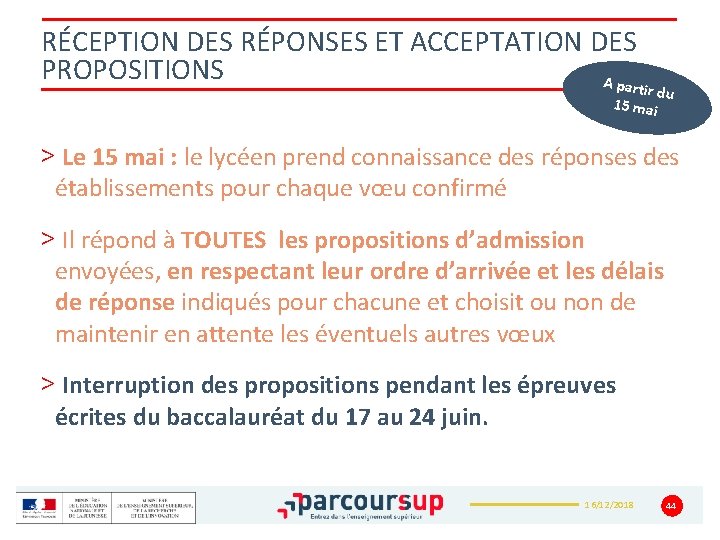 RÉCEPTION DES RÉPONSES ET ACCEPTATION DES PROPOSITIONS A part ir du 15 mai >