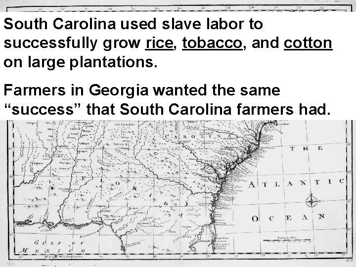 South Carolina used slave labor to successfully grow rice, tobacco, and cotton on large