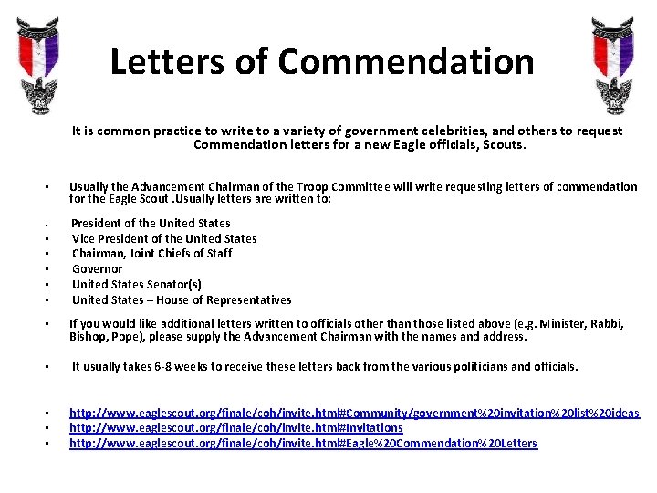 Letters of Commendation It is common practice to write to a variety of government Letters of Commendation It is common practice to write to a variety of government