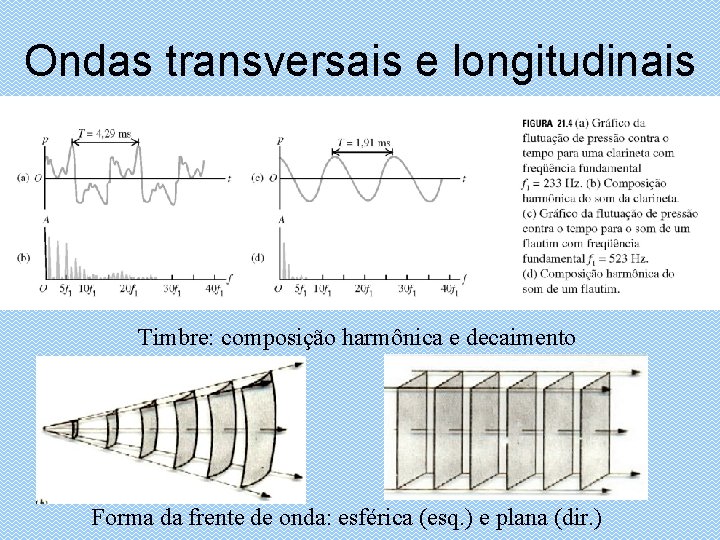 Ondas transversais e longitudinais Timbre: composição harmônica e decaimento Forma da frente de onda: