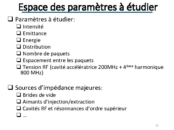 Espace des paramètres à étudier q Paramètres à étudier: q Intensité q Emittance q