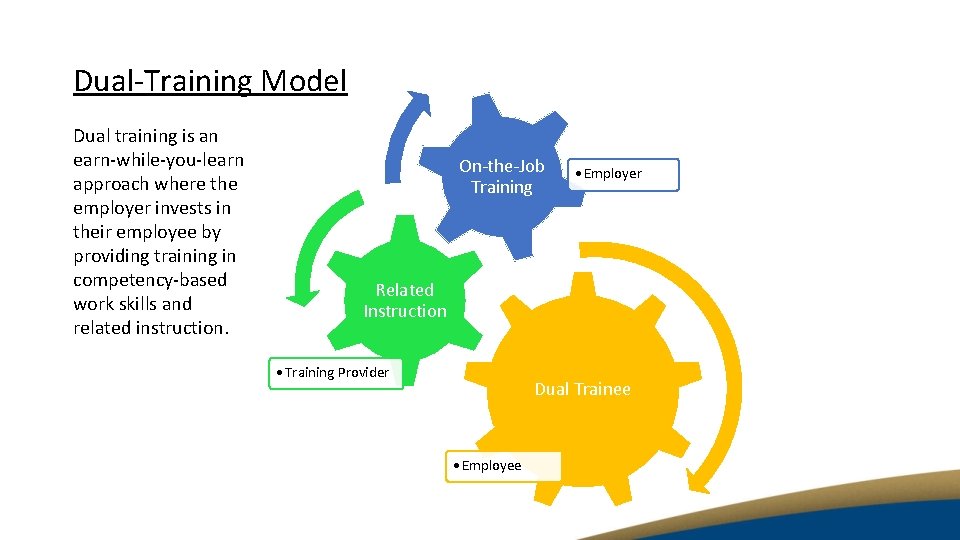 Dual-Training Model Dual training is an earn-while-you-learn approach where the employer invests in their