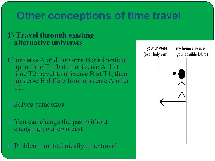 Other conceptions of time travel 1) Travel through existing alternative universes If universe A
