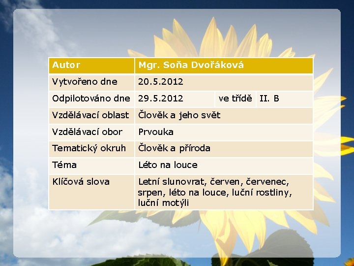 Autor Mgr. Soňa Dvořáková Vytvořeno dne 20. 5. 2012 Odpilotováno dne 29. 5. 2012