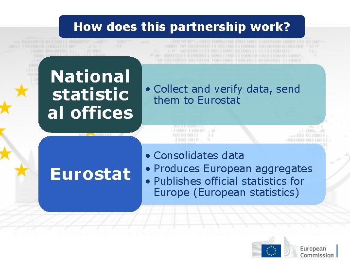 How does this partnership work? National statistic al offices • Collect and verify data,