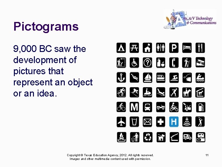 Pictograms 9, 000 BC saw the development of pictures that represent an object or