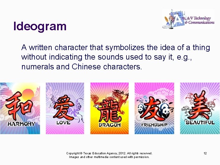 Ideogram A written character that symbolizes the idea of a thing without indicating the