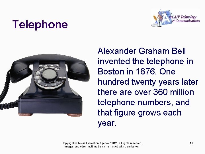 Telephone Alexander Graham Bell invented the telephone in Boston in 1876. One hundred twenty