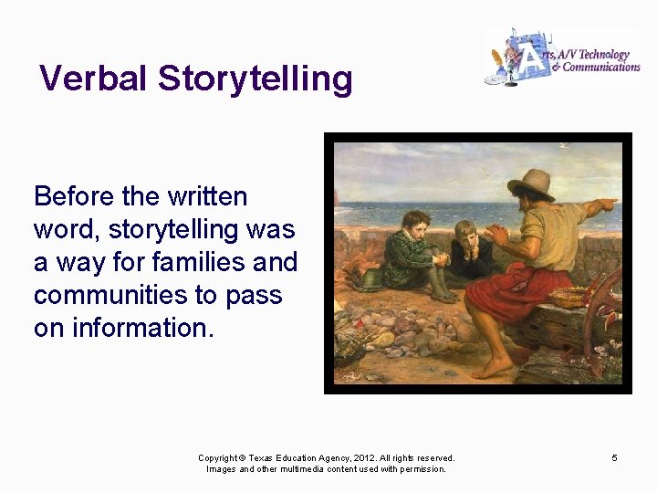 Verbal Storytelling Before the written word, storytelling was a way for families and communities