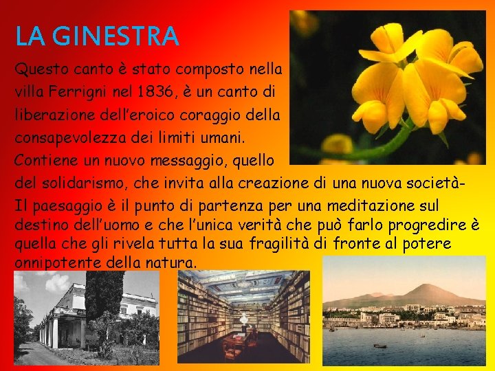 LA GINESTRA Questo canto è stato composto nella villa Ferrigni nel 1836, è un