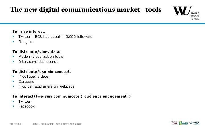 The new digital communications market - tools To raise interest: § Twitter – ECB