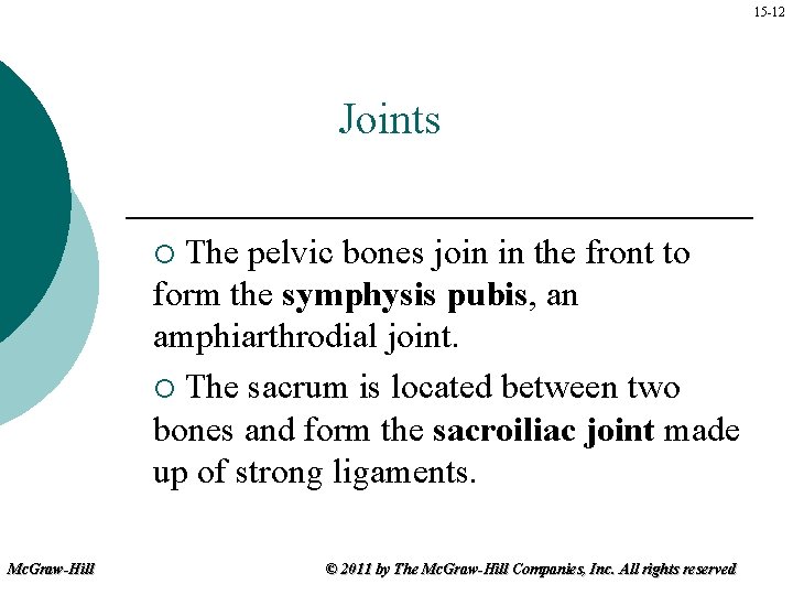 15 -12 Joints The pelvic bones join in the front to form the symphysis