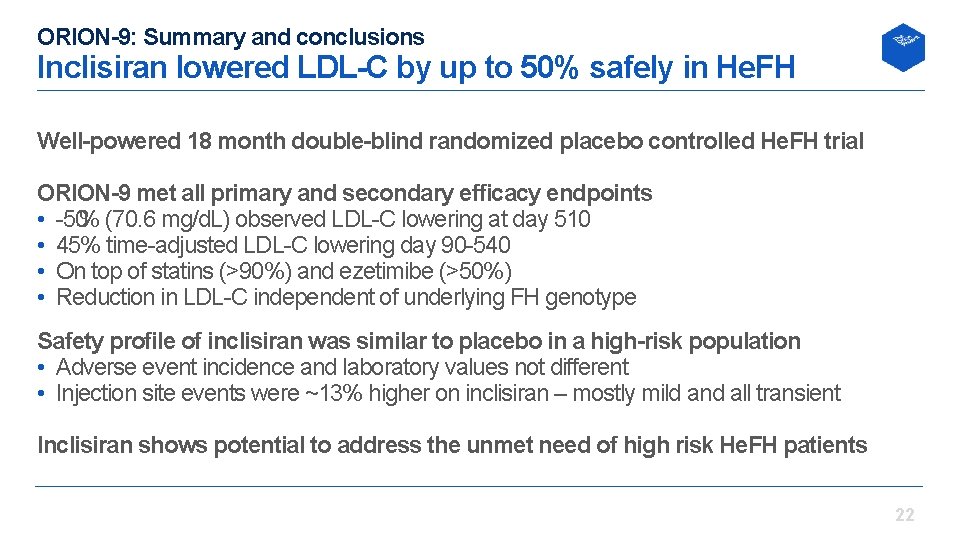ORION-9: Summary and conclusions Inclisiran lowered LDL-C by up to 50% safely in He.