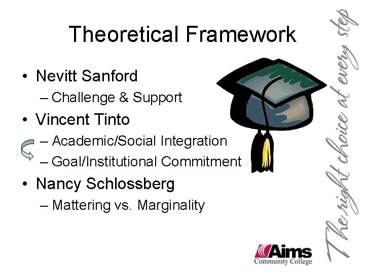 Theoretical Framework • Nevitt Sanford – Challenge & Support • Vincent Tinto – Academic/Social Theoretical Framework • Nevitt Sanford – Challenge & Support • Vincent Tinto – Academic/Social
