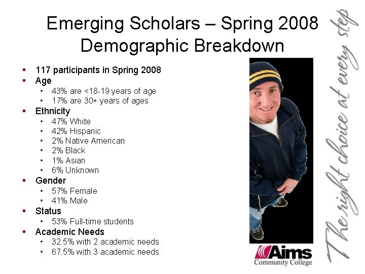 Emerging Scholars – Spring 2008 Demographic Breakdown § § 117 participants in Spring 2008 Emerging Scholars – Spring 2008 Demographic Breakdown § § 117 participants in Spring 2008