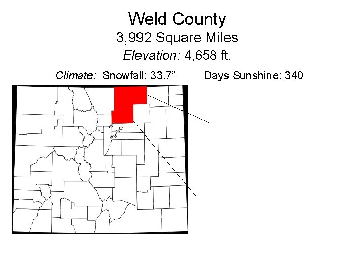 Weld County 3, 992 Square Miles Elevation: 4, 658 ft. Climate: Snowfall: 33. 7” Weld County 3, 992 Square Miles Elevation: 4, 658 ft. Climate: Snowfall: 33. 7”