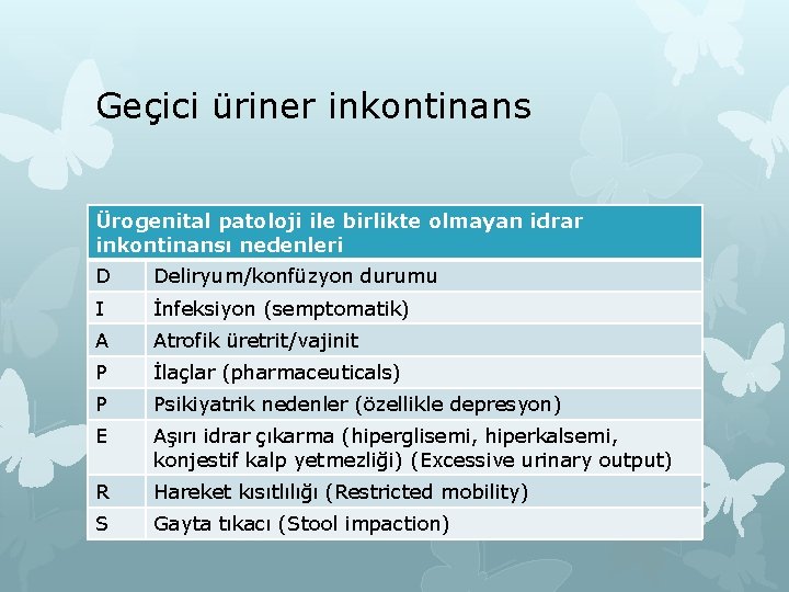 Geçici üriner inkontinans Ürogenital patoloji ile birlikte olmayan idrar inkontinansı nedenleri D Deliryum/konfüzyon durumu