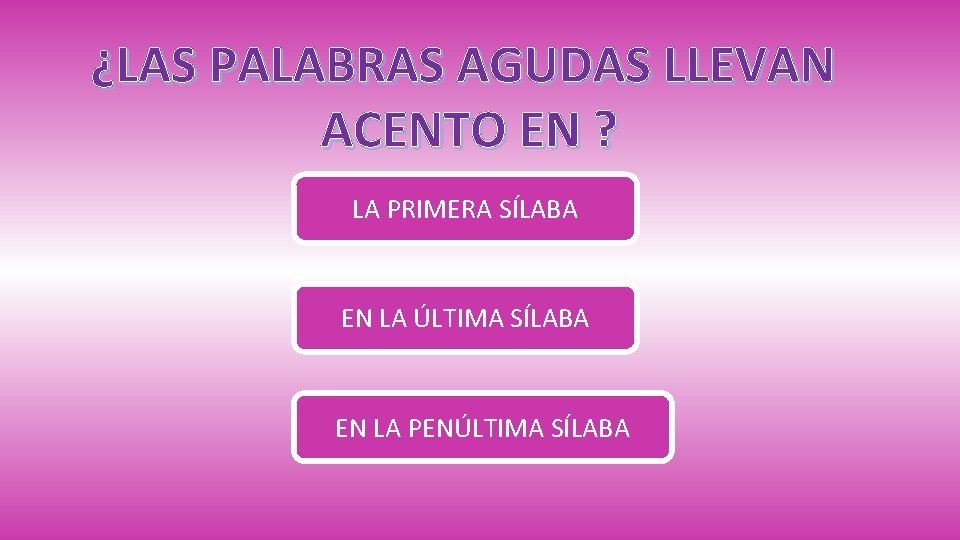 ¿LAS PALABRAS AGUDAS LLEVAN ACENTO EN ? LA PRIMERA SÍLABA EN LA ÚLTIMA SÍLABA