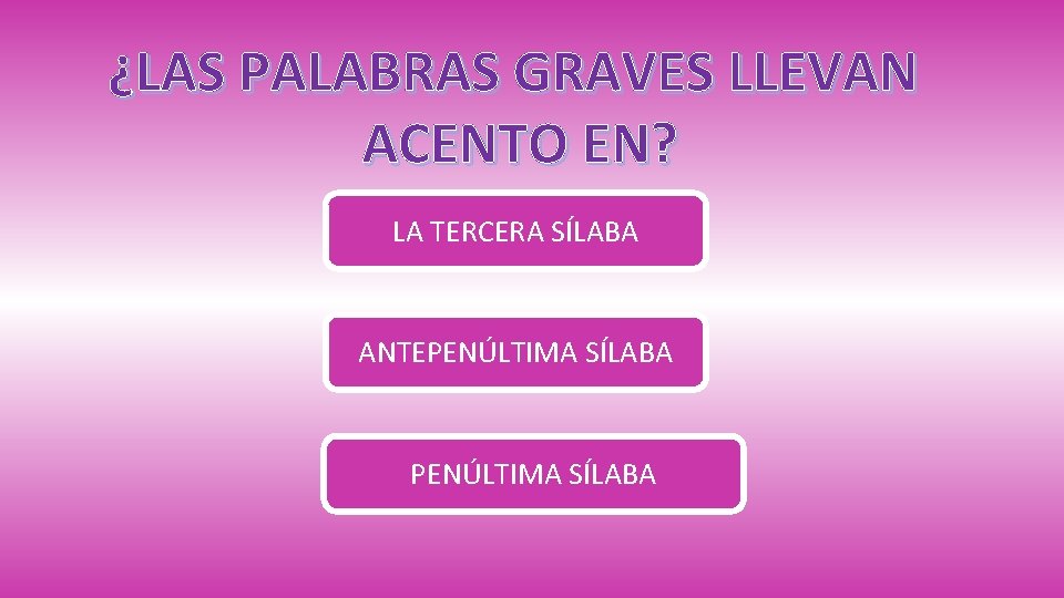 ¿LAS PALABRAS GRAVES LLEVAN ACENTO EN? LA TERCERA SÍLABA ANTEPENÚLTIMA SÍLABA 