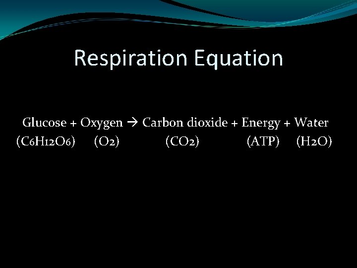 Respiration Equation Glucose + Oxygen Carbon dioxide + Energy + Water (C 6 H