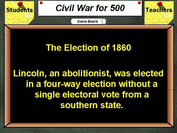Students Civil War for 500 Teachers Game Board The Election of 1860 500 Whatan