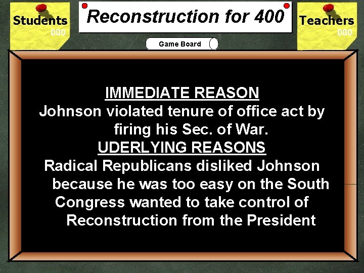 Students Reconstruction for 400 Teachers Game Board IMMEDIATE REASON Johnson violated tenure of office