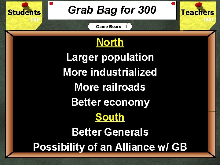 Students Grab Bag for 300 Teachers Game Board North Larger population More industrialized Name