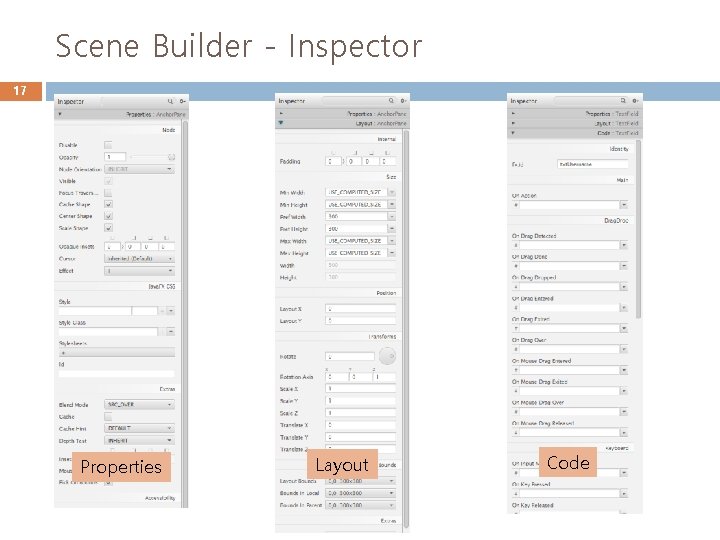 Scene Builder - Inspector 17 Properties Layout Code 