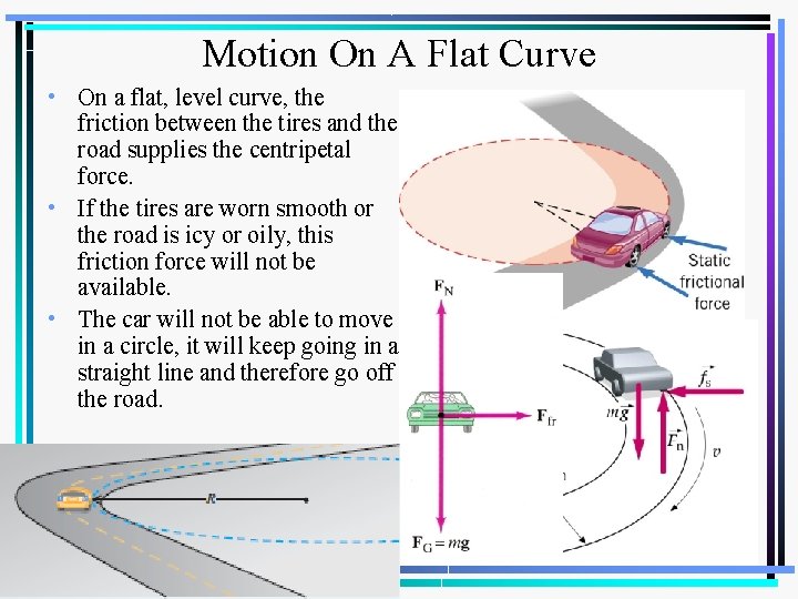 Motion On A Flat Curve • On a flat, level curve, the friction between