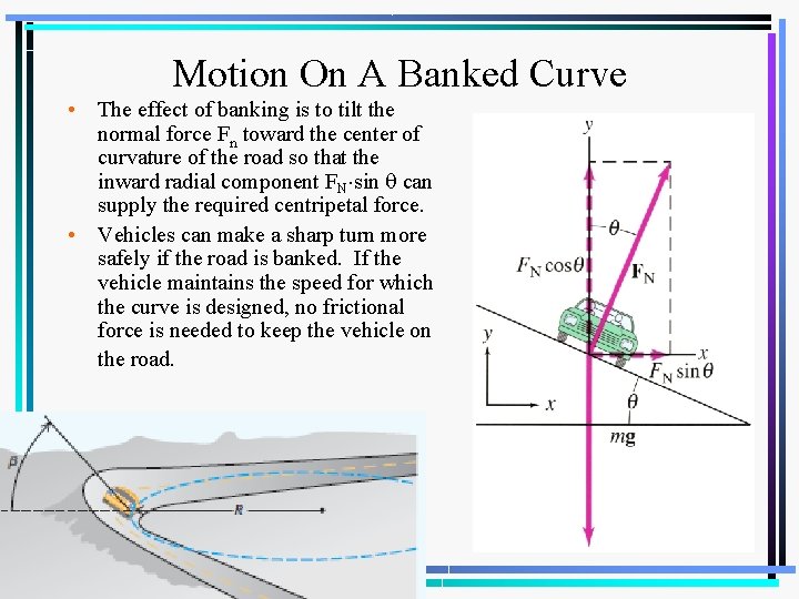 Motion On A Banked Curve • The effect of banking is to tilt the