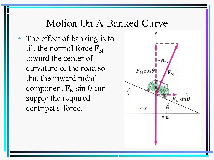 Motion On A Banked Curve • The effect of banking is to tilt the