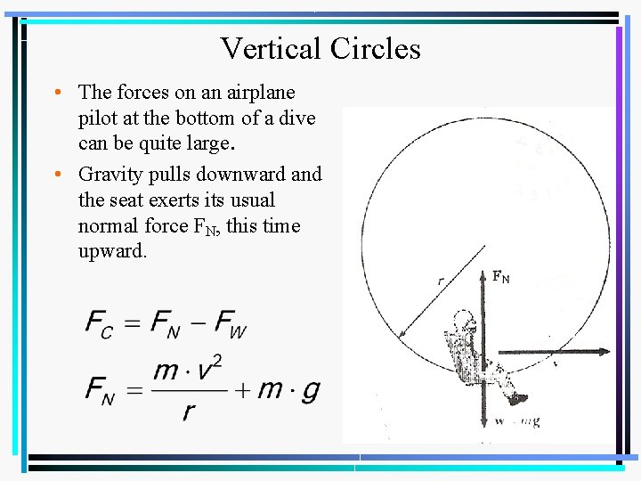 Vertical Circles • The forces on an airplane pilot at the bottom of a