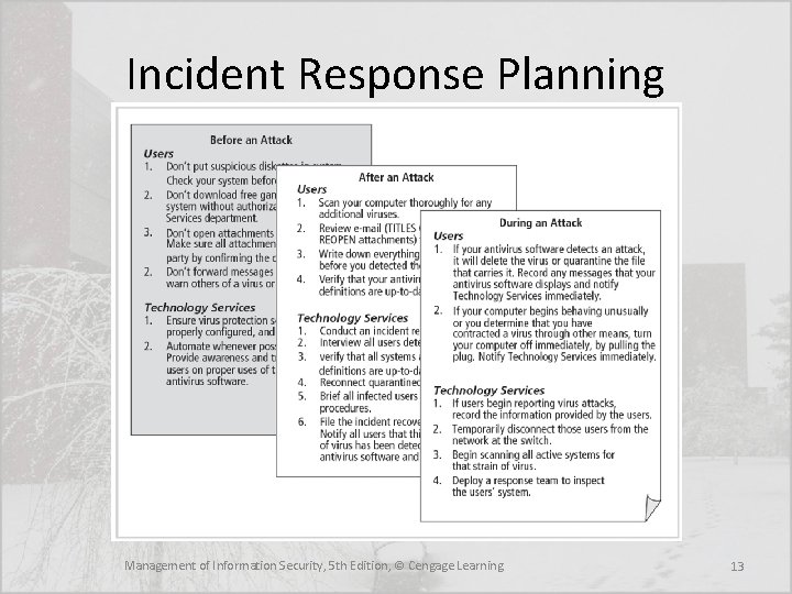 Incident Response Planning Management of Information Security, 5 th Edition, © Cengage Learning 13