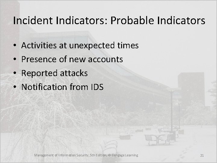 Incident Indicators: Probable Indicators • • Activities at unexpected times Presence of new accounts