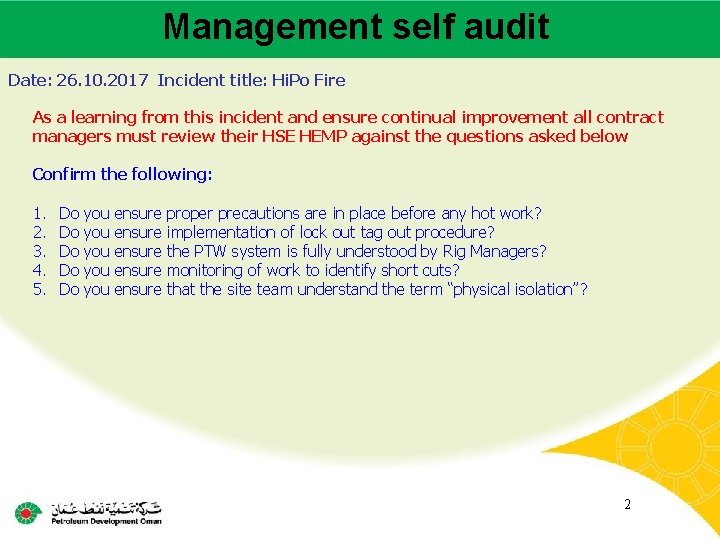 Management self audit Main contractor name – LTI# - Date of incident Date: 26.