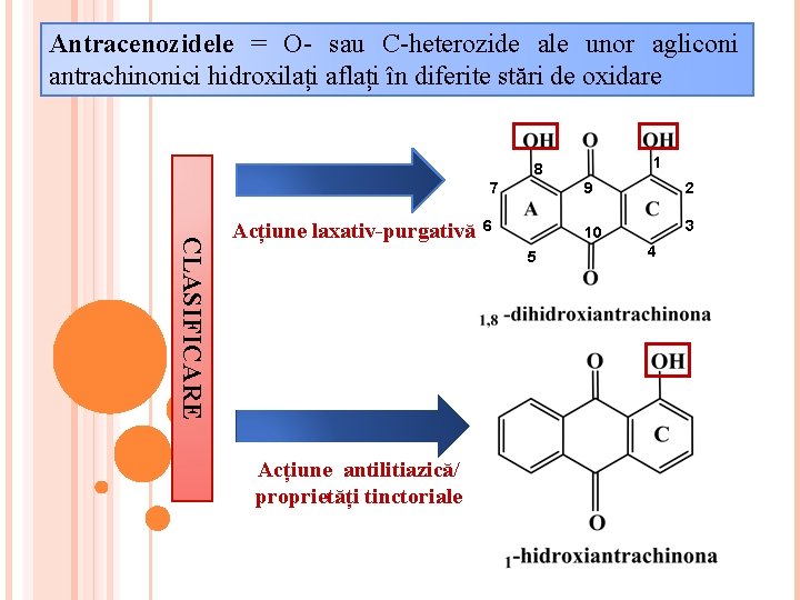 Antracenozidele = O- sau C-heterozide ale unor agliconi antrachinonici hidroxilați aflați în diferite stări