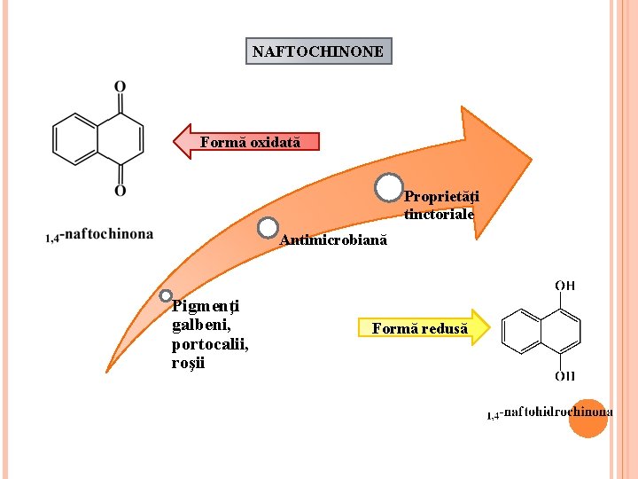 NAFTOCHINONE Formă oxidată Proprietăţi tinctoriale Antimicrobiană Pigmenţi galbeni, portocalii, roşii Formă redusă 