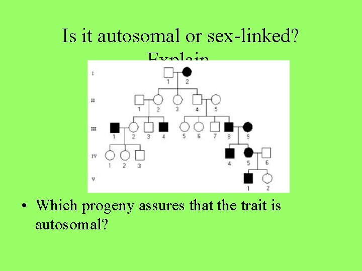Is it autosomal or sex-linked? Explain. • Which progeny assures that the trait is