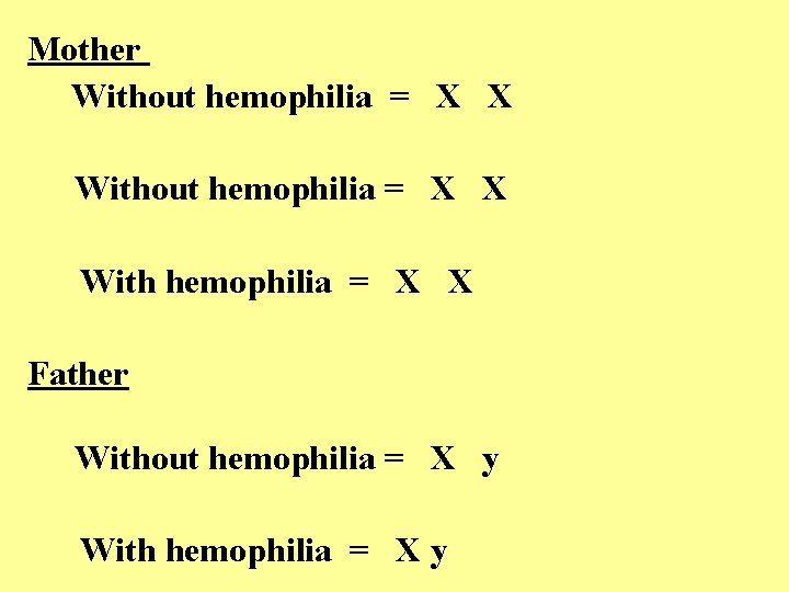 Mother Without hemophilia = X X With hemophilia = X X Father Without hemophilia