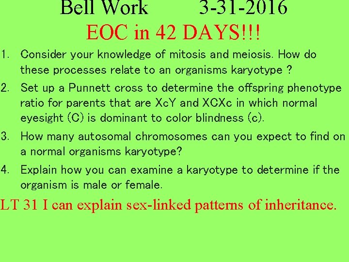 Bell Work 3 -31 -2016 EOC in 42 DAYS!!! 1. Consider your knowledge of