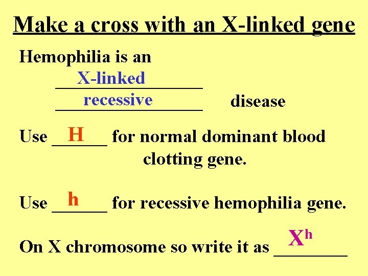 Make a cross with an X-linked gene Hemophilia is an X-linked ________ recessive ________