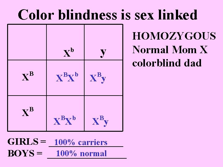 Color blindness is sex linked y b X XB XB X B X b