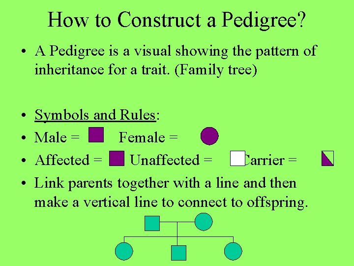How to Construct a Pedigree? • A Pedigree is a visual showing the pattern