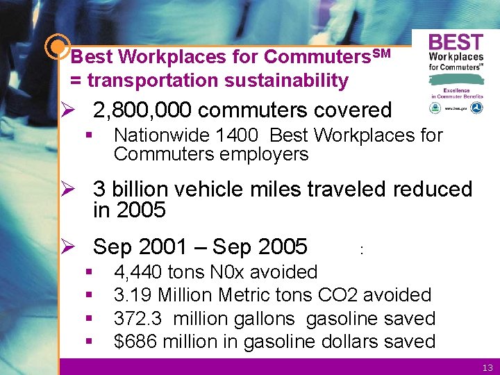 Best Workplaces for Commuters. SM = transportation sustainability Ø 2, 800, 000 commuters covered