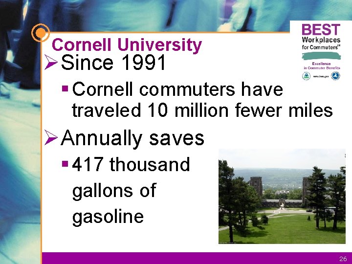 Cornell University ØSince 1991 § Cornell commuters have traveled 10 million fewer miles ØAnnually
