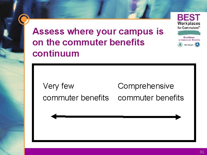 Assess where your campus is on the commuter benefits continuum Very few commuter benefits