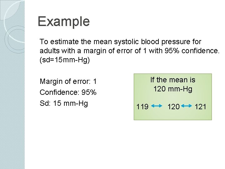 Example To estimate the mean systolic blood pressure for adults with a margin of